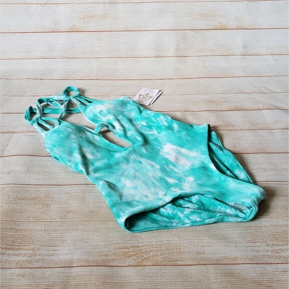 Becca Ribbed Tie Dye Plunging Neckline Cutout One-Piece Swimsuit Vibrant Small - Picture 5 of 13